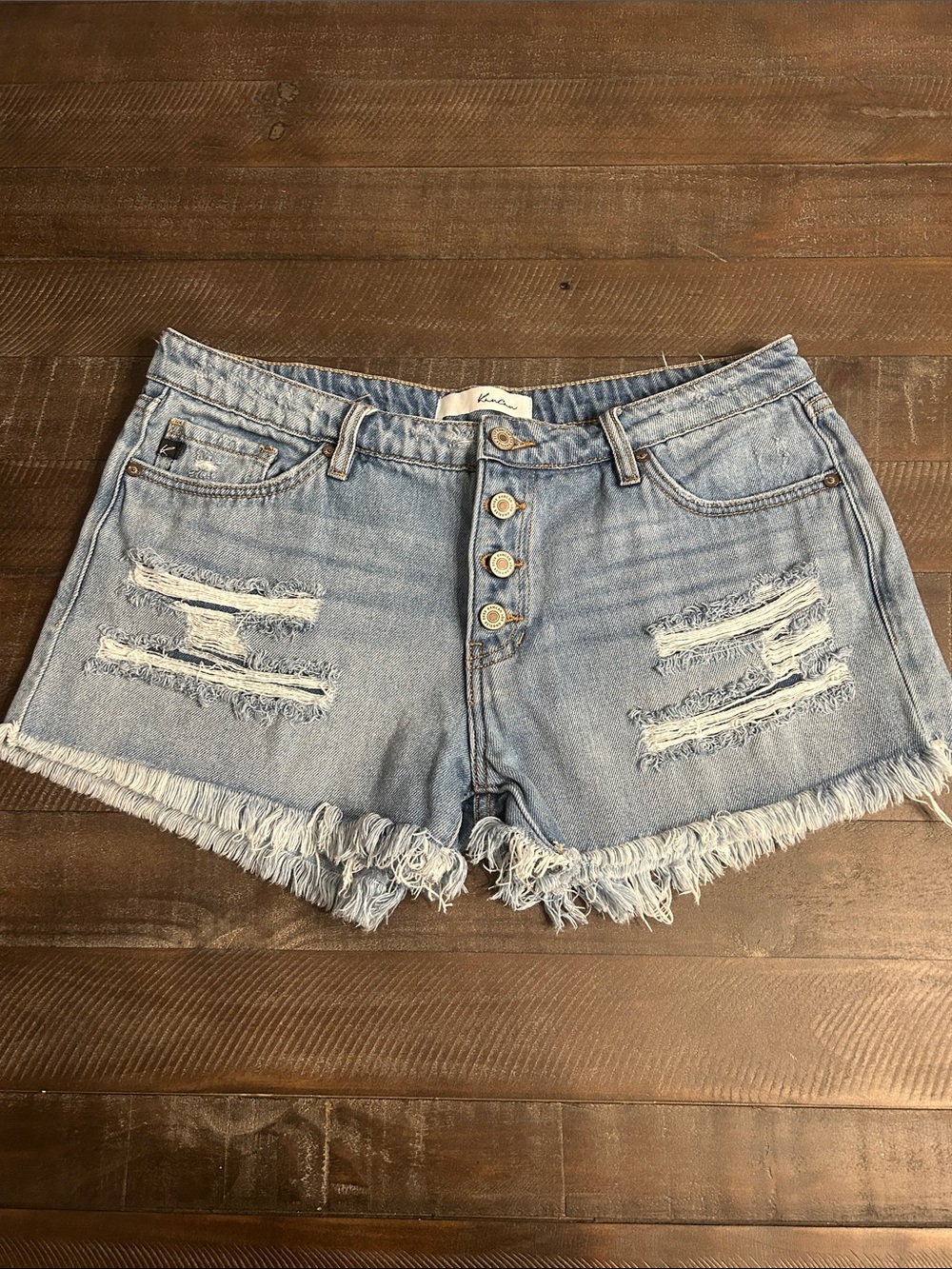 KanCan Light Blue Distressed Button-Front Denim Shorts